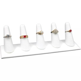 FindingKing White Faux Leather 5 Finger Ring Jewelry Display 8" x 2 1/2 "