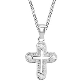 Tuscany Silver Women's Sterling Silver Small Cut Out Cross with White Cubic Zirconia Pendant on Curb Chain of 46cm/18"