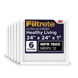 Filtrete 24x24x1 AC Furnace Air Filter, MERV 12, MPR 1500, CERTIFIED asthma & allergy friendly, 3 Month Pleated 1-Inch Electrostatic Air Cleaning Filter, 6-Pack (Actual Size 23.81x23.81x0.78 in)