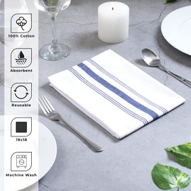 Blue Needles Set of 12 French Stripe Dinner Table Napkins 100% Cotton Napkins, 18x18 Inch, Absorbent, Soft, Reusable & Washable Restaurant Hotel Quality Spring Summer & Everyday Use - Ink Blue