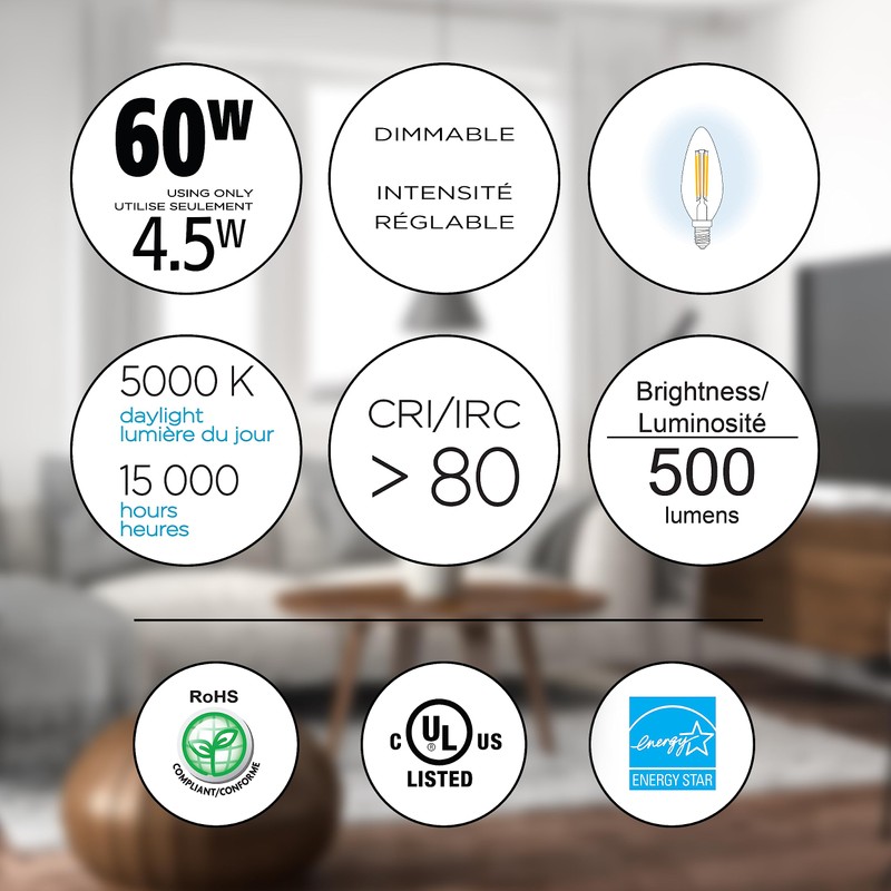 Luminus 4.5W LED 500 Lumens B10 E12 Base Dimmable Filament