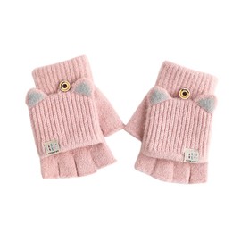 Teogneot Boys Girls Half Finger Gloves Warm Half Finger Knitted Gloves with Flip Top, 10-15 Years (Pink)