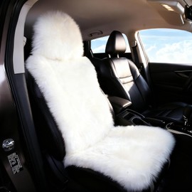 OGLAND Fluffy Sheepskin Car Seat Cover, Plush Genuine Fur Long Wool Car Seat Cushion for Auto Universal Size Adult Man Women, 1 Piece Seat Ivory White