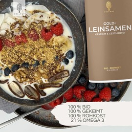 ZELLGUT© BIO GOLD-LEINSAMEN 200g • als Topping oder VOLLKORN MEHL zum BACKEN, Brot, MÜSLI Smoothie • 100% ROH, gekeimt & geschrotet • GLUTENFREI • mit 21% Omega 3 Fettsäuren