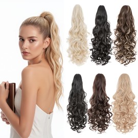 Benehair Claw Clip in Ponytail Hair Extensions 24 Inches Long Curly Wavy Ponytail Extensions Synthetic Drawstring Ponytail Ash Blonde mixed Beige Hair Pieces for Women(Ash Blonde mixed Beige, 210g)