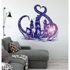 Large Vinyl Wall Decal Kraken Octopus Ship Nautical Ocean Teen Room Stickers (ig3640) White