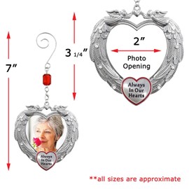 Memorial Christmas Photo Ornament - Always in Our Hearts - Heart-Shaped Angel Wing Design with Clear Gems - Includes a Decorative Hook for Xmas Tree - Gift/Storage Bag Included