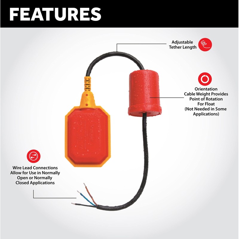 Float Switch for Sump Pump - 16-Foot Water Level Sensor