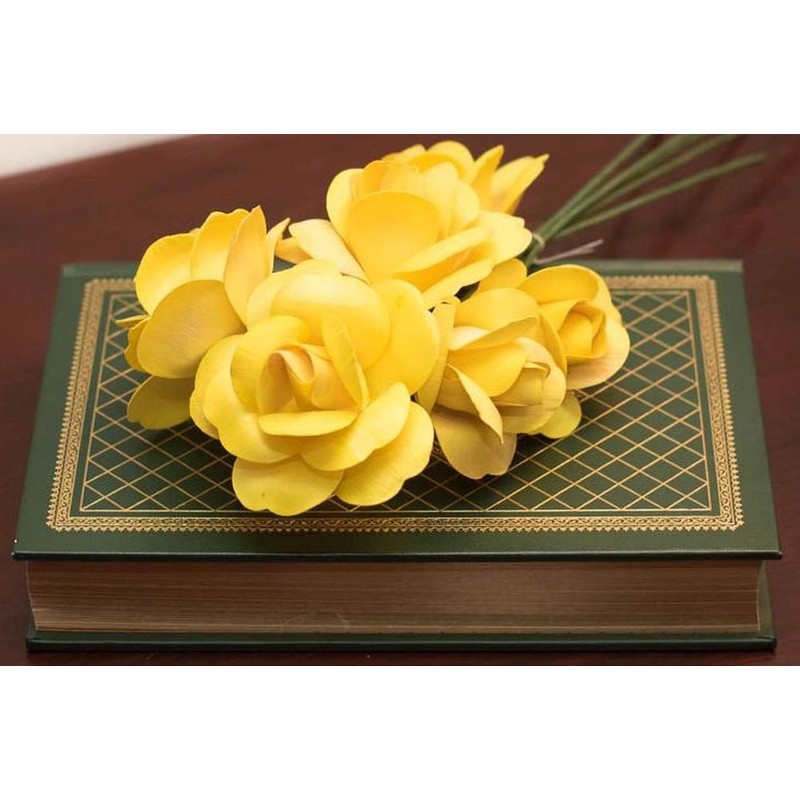 6 Yellow Full Open Bud Wooden Roses for Crafts Custom