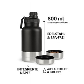 LuckyFlex® 3-in-1 Hundetrinkflasche 800 ml – Auslaufsichere Wasserflasche für unterwegs – mit Napf & Futterfach – ideal für Spaziergänge, Reisen, Wandern