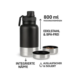 LuckyFlex® 3-in-1 Hundetrinkflasche 800 ml – Auslaufsichere Wasserflasche für unterwegs – mit Napf & Futterfach – ideal für Spaziergänge, Reisen, Wandern