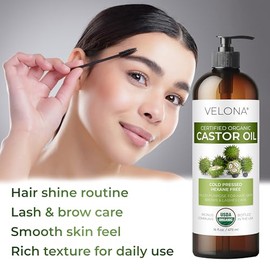 velona Aceite de ricino orgánico certificado USDA de Velona, 16 onzas (con bomba), para el crecimiento del cabello, pestañas y cejas, prensado en frío