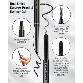 Eyebrow Eyeliner Kit for Women-Gray Waterproof Micro Eyebrow Retractable Pen with Brush&Black Longlasting Smudge Proof Eyeliner with Sharpener,Shaping&Filling Sparse Natural Looking Brow Makeup Set-01