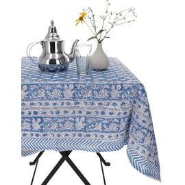 GURU SHOP Hand Printed Tablecloth, Table Runner, Block Print, Boho Tablecloth 220 x 160 cm - Model 5, Blue, Cotton, Table Runner, Tablecloths