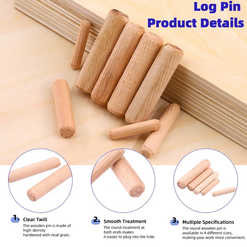 Glarks 508Pcs 1/4" 5/16" 3/8" 1/2" Wooden Dowel Pins Beveled