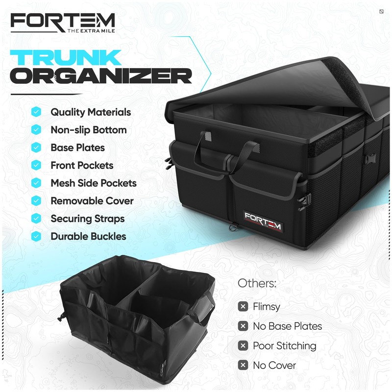 FORTEM Car Trunk Organizer, Collapsible Multi Compartment SUV Organizer, Foldable