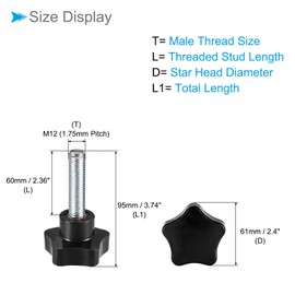CoCud Star Clamping Knobs M12 x 60 mm Male Thread 61 mm Head Plastic Thumb Screws Handle Hand Knobs Thread Bolts Black - (Application: for Lathe Machines) Pack of 2