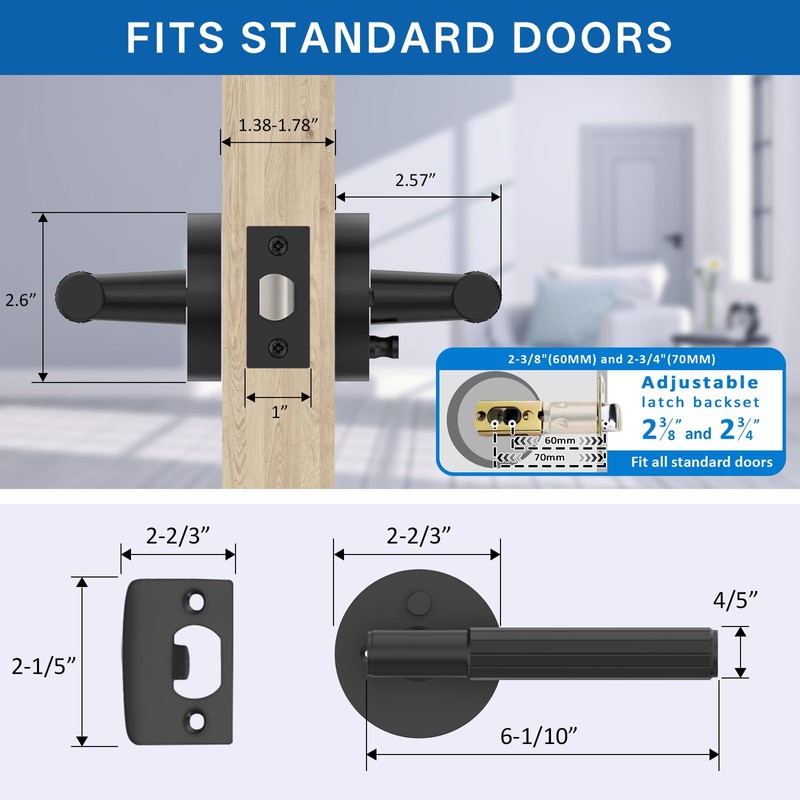 Amerdeco 4 Pack Matte Black Door Handles Interior,Knurled Privacy Door