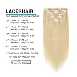 Lacer New Version Thick Hair Extensions Clip in Human Hair Full Head Silky Straight Glam Seamless Clip in Hair Extensions 140g 7pcs Light Platinum Blond #60A 20 Inch