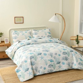 Hailea Ocean Quilt Set King Size Coastal Beach Theme Bedding Lightweight Reversible Starfish Seashell Conch Bedspread Coverlet Seaweed Coral Bed Cover with 2 Pillow Shams