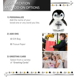 DolliBu Grey Penguin Stuffed Animal with Silver Cross and Personalization - Religious Baptism Gifts for Boys and Girls, Dedication Christening Gifts Plush Prayer Toy Healing Teddy Bear - 9 Inches