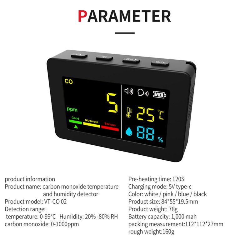 Portable Air Quality Meter 3in1 CO Temperature and Humidity Tester