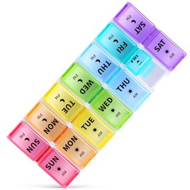 Opret Weekly Pill Organiser, Small Pill Box 7 Day 2 Times a Day for AM PM, Portable Travel Tablet Organiser with 14 Removable Compartments, for Vitamins Supplements Medication (Multicolor)