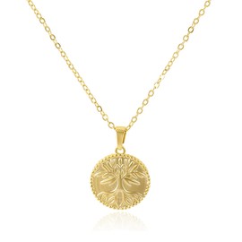 Gold Tree of Life Pendant Necklace for Women 14K Gold Plated Family Tree Coin Necklace Adjustable Chain Elegant Circle Round Engraved Tree Charm Initial Necklace Plant Jewelry Gift for Her
