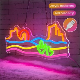 Sneignon Mountain and Sunset Neon Sign,﻿Cactus Scenery Led Sign,Western Neon Sign,USB Powered with Dimmable Switch,Neon Signs for Wall Decor,Bedroom,Living Room,Hotel,Wall Decor,Room Decor