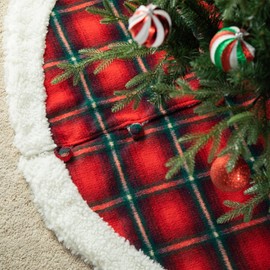 Glitzhome 60" D Oversized Red & Black Plaid Christmas Tree Skirt,Large Buffalo Plaid Reversible Sherpa/Flannel Tree Skirt,Round Tree Ornaments Skirt for Xmas New Year Winter Holiday Party Decorations