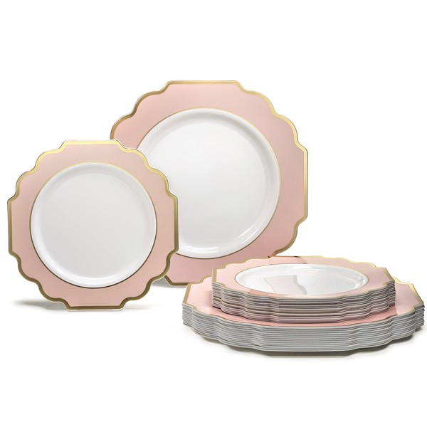 " OCCASIONS " 50 Plates Pack (25 Guests)-Heavyweight Wedding Party Disposable Plastic Plate Set -(25x10.5'' Dinner + 25x8'' Salad/Dessert) (Imperial in Blush Pink & Gold)