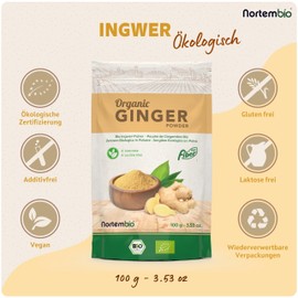 Nortembio Organic Ginger Powder 300 g. 100% Natural. Specially designed for infusions. Dried ground ginger without additives or preservatives, vegan and gluten free.