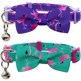 azuza Cat Collar, with Safety Buckle, Safety Bell Included, Ribbon, Cute, Stylish, Flamingo Pattern, Adjustable Collar, Pack of 2, Pet Supplies