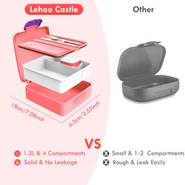 Lehoo Castle Lunch Box for Kids, 1300ml Toddler Bento Box Lunch Containers with 4 compartments, Kids Bento Lunch Box with Sauce Jar/Spoon & Fork