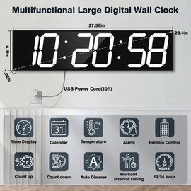 CHKOSDA Digital Wall Clock with Large Display, 28.4‘’LED 6-Digit Large Clock with Adjustable Brightness, Multifunction Digital Timer with Countdown and Stopwatch (White)