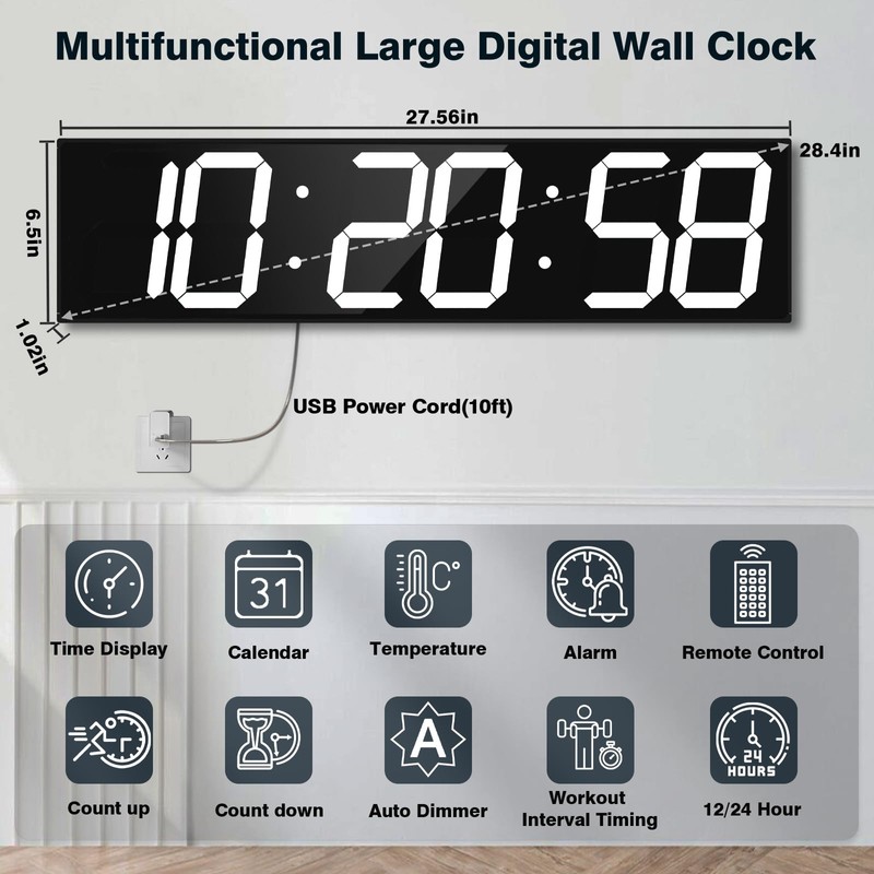 CHKOSDA Digital Wall Clock with Large Display, 28.4‘’LED 6-Digit Large
