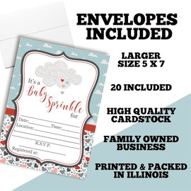 Baby Sprinkle Shower Party Invitations with Cloud and Hearts, 20 5x7 Fill In Cards with 20 White Envelopes by AmandaCreation