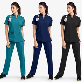 POUKEPRITY Medical Scrubs, Nursing Set, Unisex, White Coat, Quick Drying, Stretch Material and Pockets, Extremely Breathable and Comfortable, Nurse Uniform/Beauty Wear, Black, L