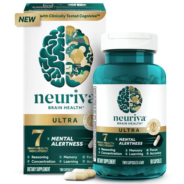 NEURIVA Ultra Decaffeinated Clinically Tested Nootropic Brain Supplement for Mental Alertness, Memory, Focus & Concentration, Cognitive, Neurofactor, Phosphatidylserine, Vitamins B6 B12, 60 Capsules