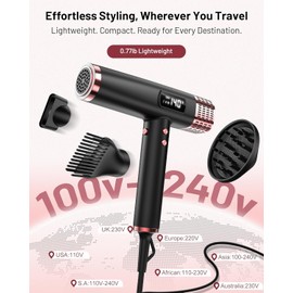 Dual Voltage Travel Hair Dryer with Diffuser, 1875W Ionic,Black