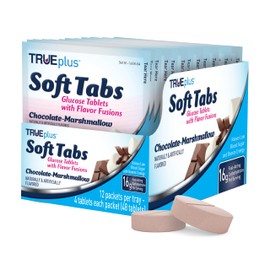 TRUEplus Soft Tabs Glucose Tablets, Chewable, Chocolate Marshmallow Flavor, 16g Fast-Acting Carbohydrates, Fat Free, Gluten Free, Raise Low Blood Sugar and Boost Energy, 4 Count, 12 Packs