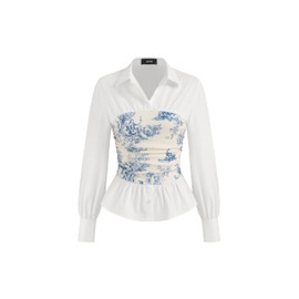 CIDER Long Sleeve Shirts for Women Toile De Jouy V-Neck Woven Blouse Regular Fit Long Sleeve Top Blue