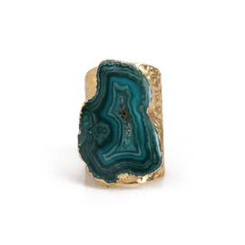 Dazzle Appeal Natural Agate Slice Statement Cuff Ring, Brass Gold Plated, Open Cuff, Stone Size 25-30mm (Green)