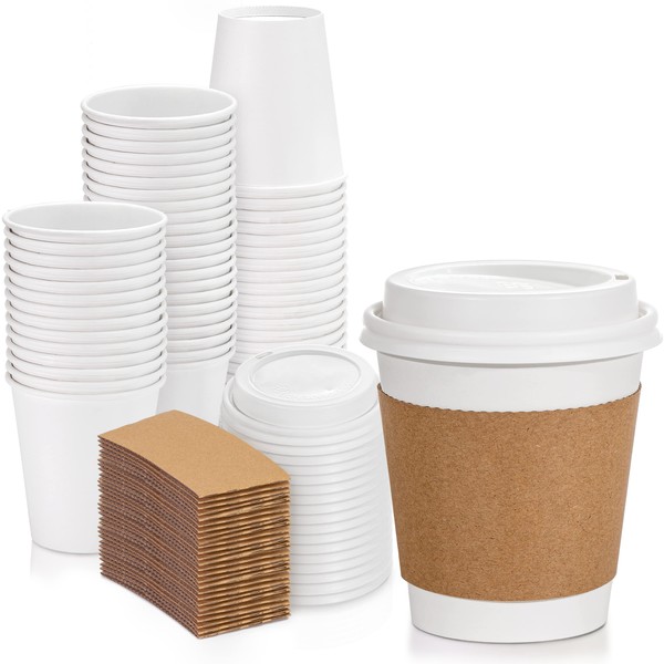 [50 Pack] White Coffee Cups with Dome Lids and Brown Sleeves - 10oz Disposable Paper Coffee Cups - To Go Cups for Hot Chocolate, Tea, and Other Drinks - Ideal for Cafes, Bistros, and Businesses