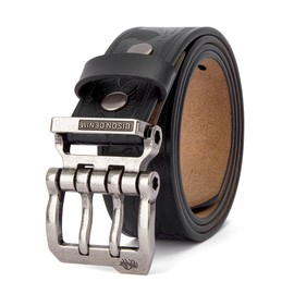 BISON DENIM Men's Leather Belt Jeans Belt Business Belt Alloy Retro Denim Belt for Men Clothing 38 mm Wide with Gift Box, W71808-black, 105