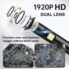 1920P HD Dual Lens Endoscope Camera Semi-Rigid Snake Cable IP67 Waterproof 8LED Lights Dimmable HD Industrial Pipeline Inspection Probe Compatible with iOS/Android Endoscope Camera (9.9ft)
