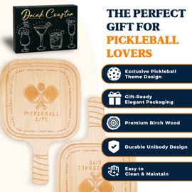 Pickleball Drink Coasters, 2 Pack, Pickleball Gift for Men Women Pickleball Lovers, Party Decoration, Birch Wood Coaster Set, 4.3 x 4.3”, Paddle Shape with Handle