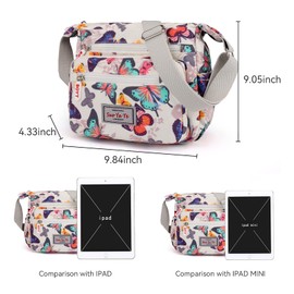 Womens Multi-Pocket Casual Crossbody Handbags Waterproof Flowral Printed Shoulder Nylon Bags Travel Messenger Bags (Butterfly-White)
