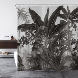 ASDCXZ Jungle Shower Curtain, 180 x 180 cm, Black Hand-Painted Tropical Plants Leaves Washable Bathroom Shower Curtains Polyester Textile Waterproof Shower Curtain for Bathtub with 12 Shower Curtain