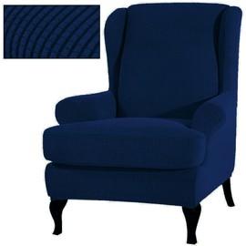 2 Piece Stretch Wingback Chair Cover Jacquard Wing Chairs Slipcover, Anti Slip Stylish Furniture Protector, Washable Armchair Cover for Living Room Fabric with Elastic Bottom (Blue, 2)